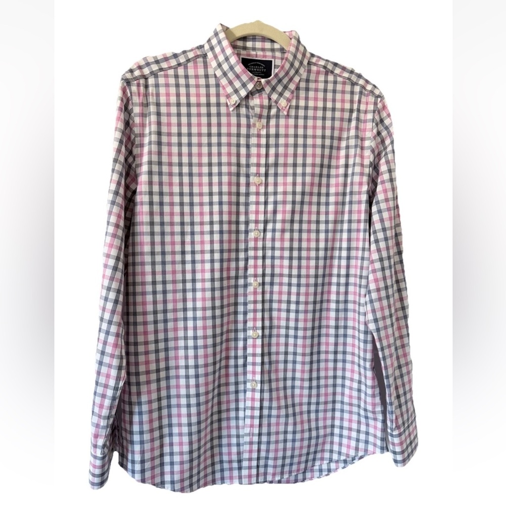 Charles Tyrwhitt Mens Pink Navy Check Medium Non Iron Extra Slim Fit Dress Shirt
